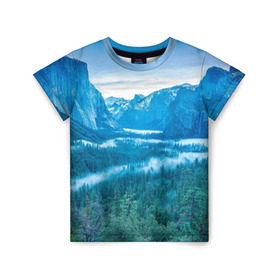 Детская футболка 3D с принтом Горный пейзаж в Новосибирске, 100% гипоаллергенный полиэфир | прямой крой, круглый вырез горловины, длина до линии бедер, чуть спущенное плечо, ткань немного тянется | Тематика изображения на принте: горный хребет | горы | каньон | лес | пейзаж | речка | туман | ущелье