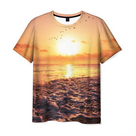 Мужская футболка 3D с принтом Закат в Новосибирске, 100% полиэфир | прямой крой, круглый вырез горловины, длина до линии бедер | sunset | жара | закат | зной | косяк | лето | море | облака | океан | отдых | пена | песок | пляж | прибой | прилив | рассвет | солнце | стая птиц