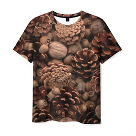 Мужская футболка 3D с принтом Шишки и орешки в Новосибирске, 100% полиэфир | прямой крой, круглый вырез горловины, длина до линии бедер | Тематика изображения на принте: дуб | ёлка | ель | жёлудь | иголки | кедр | лес | орех | орешки | осень | сосна | шишки