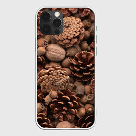Чехол для iPhone 12 Pro с принтом Шишки и орешки в Новосибирске, силикон | область печати: задняя сторона чехла, без боковых панелей | дуб | ёлка | ель | жёлудь | иголки | кедр | лес | орех | орешки | осень | сосна | шишки