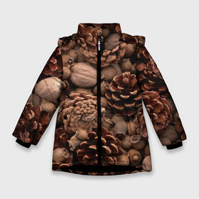Зимняя куртка для девочек 3D с принтом Шишки и орешки в Новосибирске, ткань верха — 100% полиэстер; подклад — 100% полиэстер, утеплитель — 100% полиэстер. | длина ниже бедра, удлиненная спинка, воротник стойка и отстегивающийся капюшон. Есть боковые карманы с листочкой на кнопках, утяжки по низу изделия и внутренний карман на молнии. 

Предусмотрены светоотражающий принт на спинке, радужный светоотражающий элемент на пуллере молнии и на резинке для утяжки. | Тематика изображения на принте: дуб | ёлка | ель | жёлудь | иголки | кедр | лес | орех | орешки | осень | сосна | шишки