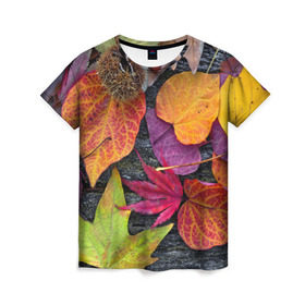 Женская футболка 3D с принтом Дары осени в Новосибирске, 100% полиэфир ( синтетическое хлопкоподобное полотно) | прямой крой, круглый вырез горловины, длина до линии бедер | жёлтый | золотой | красный | листва | листья | наряд | осень