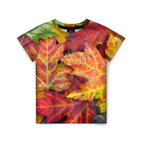 Детская футболка 3D с принтом Осенняя пора в Новосибирске, 100% гипоаллергенный полиэфир | прямой крой, круглый вырез горловины, длина до линии бедер, чуть спущенное плечо, ткань немного тянется | Тематика изображения на принте: жёлтый | красный | листва | листья | осень
