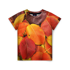 Детская футболка 3D с принтом Осенний покров в Новосибирске, 100% гипоаллергенный полиэфир | прямой крой, круглый вырез горловины, длина до линии бедер, чуть спущенное плечо, ткань немного тянется | жёлтый | золотой | красный | листва | листья | осень