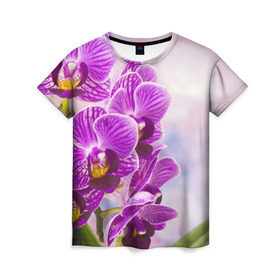 Женская футболка 3D с принтом Божественная орхидея в Новосибирске, 100% полиэфир ( синтетическое хлопкоподобное полотно) | прямой крой, круглый вырез горловины, длина до линии бедер | 8 марта | букет | весна | красота | куст | лето | орхидея | подарок | сиреневый цвет | цветок | шикарный цветочек