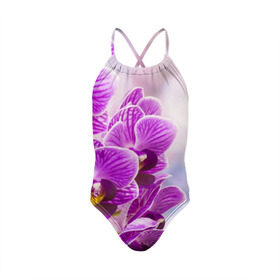 Детский купальник 3D с принтом Божественная орхидея в Новосибирске, Полиэстер 85%, Спандекс 15% | Слитный крой, подклад по переду изделия, узкие бретели | 8 марта | букет | весна | красота | куст | лето | орхидея | подарок | сиреневый цвет | цветок | шикарный цветочек