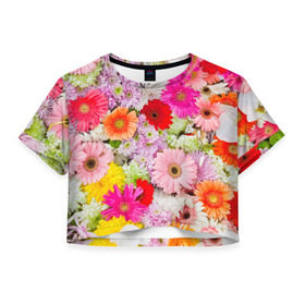 Женская футболка 3D укороченная с принтом Обилие цветов в Новосибирске, 100% полиэстер | круглая горловина, длина футболки до линии талии, рукава с отворотами | 8 марта | букет | георгина | изобилие | красота | куст | лето | обилие | петунья | подснежник | полевые | разные цветы | роза | ромашка | тюльпан | хризантема | цветочек | цветы