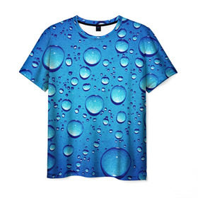 Мужская футболка 3D с принтом Капли воды в Новосибирске, 100% полиэфир | прямой крой, круглый вырез горловины, длина до линии бедер | вода | дождь | жидкость | капли | конденсат | роса | синий фон
