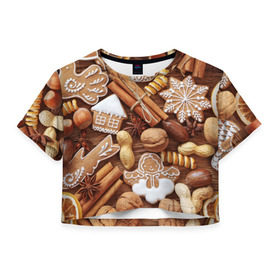 Женская футболка 3D укороченная с принтом Новогодние вкусняшки в Новосибирске, 100% полиэстер | круглая горловина, длина футболки до линии талии, рукава с отворотами | вкусняшки | конфеты | лакомство | леденцы | новый год | обжора | объедение | орешки | печенки | праздник | сладкоежка | сладости