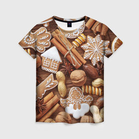 Женская футболка 3D с принтом Новогодние вкусняшки в Новосибирске, 100% полиэфир ( синтетическое хлопкоподобное полотно) | прямой крой, круглый вырез горловины, длина до линии бедер | Тематика изображения на принте: вкусняшки | конфеты | лакомство | леденцы | новый год | обжора | объедение | орешки | печенки | праздник | сладкоежка | сладости