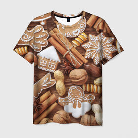 Мужская футболка 3D с принтом Новогодние вкусняшки в Новосибирске, 100% полиэфир | прямой крой, круглый вырез горловины, длина до линии бедер | Тематика изображения на принте: вкусняшки | конфеты | лакомство | леденцы | новый год | обжора | объедение | орешки | печенки | праздник | сладкоежка | сладости