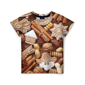 Детская футболка 3D с принтом Новогодние вкусняшки в Новосибирске, 100% гипоаллергенный полиэфир | прямой крой, круглый вырез горловины, длина до линии бедер, чуть спущенное плечо, ткань немного тянется | вкусняшки | конфеты | лакомство | леденцы | новый год | обжора | объедение | орешки | печенки | праздник | сладкоежка | сладости