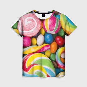 Женская футболка 3D с принтом Вкусняшки в Новосибирске, 100% полиэфир ( синтетическое хлопкоподобное полотно) | прямой крой, круглый вырез горловины, длина до линии бедер | вкусняшки | драже | конфеты | лакомство | леденцы | мармелад | обжора | объедение | орешки | праздник | сладкоежка | сладости | шоколад