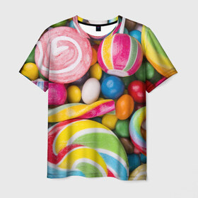 Мужская футболка 3D с принтом Вкусняшки в Новосибирске, 100% полиэфир | прямой крой, круглый вырез горловины, длина до линии бедер | вкусняшки | драже | конфеты | лакомство | леденцы | мармелад | обжора | объедение | орешки | праздник | сладкоежка | сладости | шоколад