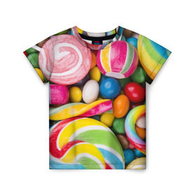Детская футболка 3D с принтом Вкусняшки в Новосибирске, 100% гипоаллергенный полиэфир | прямой крой, круглый вырез горловины, длина до линии бедер, чуть спущенное плечо, ткань немного тянется | вкусняшки | драже | конфеты | лакомство | леденцы | мармелад | обжора | объедение | орешки | праздник | сладкоежка | сладости | шоколад