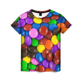 Женская футболка 3D с принтом Цветные конфетки в Новосибирске, 100% полиэфир ( синтетическое хлопкоподобное полотно) | прямой крой, круглый вырез горловины, длина до линии бедер | Тематика изображения на принте: вкусняшки | драже | конфеты | лакомство | сладости | шоколад