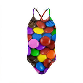 Детский купальник 3D с принтом Цветные конфетки в Новосибирске, Полиэстер 85%, Спандекс 15% | Слитный крой, подклад по переду изделия, узкие бретели | вкусняшки | драже | конфеты | лакомство | сладости | шоколад