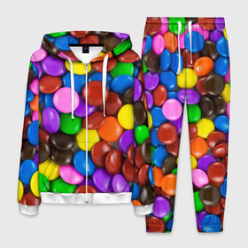 Мужской костюм 3D с принтом Цветные конфетки в Новосибирске, 100% полиэстер | Манжеты и пояс оформлены тканевой резинкой, двухслойный капюшон со шнурком для регулировки, карманы спереди | вкусняшки | драже | конфеты | лакомство | сладости | шоколад