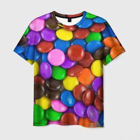 Мужская футболка 3D с принтом Цветные конфетки в Новосибирске, 100% полиэфир | прямой крой, круглый вырез горловины, длина до линии бедер | вкусняшки | драже | конфеты | лакомство | сладости | шоколад