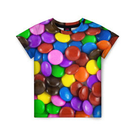 Детская футболка 3D с принтом Цветные конфетки в Новосибирске, 100% гипоаллергенный полиэфир | прямой крой, круглый вырез горловины, длина до линии бедер, чуть спущенное плечо, ткань немного тянется | Тематика изображения на принте: вкусняшки | драже | конфеты | лакомство | сладости | шоколад