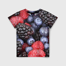 Детская футболка 3D с принтом Ягодки в Новосибирске, 100% гипоаллергенный полиэфир | прямой крой, круглый вырез горловины, длина до линии бедер, чуть спущенное плечо, ткань немного тянется | вкусно | голубика | дача | деревня | ежевика | клубника | малина | огород | полезно | сад | смородина | сок | фрукты | черника | ягоды