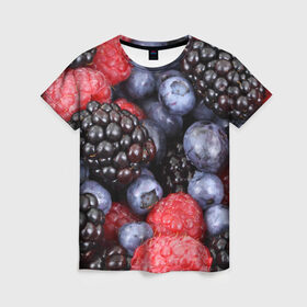 Женская футболка 3D с принтом Ягодки в Новосибирске, 100% полиэфир ( синтетическое хлопкоподобное полотно) | прямой крой, круглый вырез горловины, длина до линии бедер | вкусно | голубика | дача | деревня | ежевика | клубника | малина | огород | полезно | сад | смородина | сок | фрукты | черника | ягоды