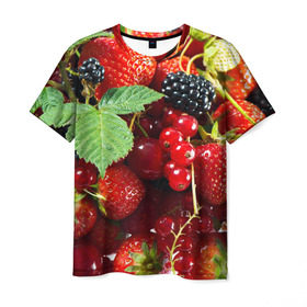 Мужская футболка 3D с принтом Любимые ягоды в Новосибирске, 100% полиэфир | прямой крой, круглый вырез горловины, длина до линии бедер | вкусно | голубика | дача | деревня | ежевика | зелень | клубника | малина | огород | полезно | сад | смородина | сок | фрукты | черника | шиповник | ягоды