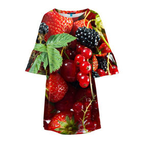 Детское платье 3D с принтом Любимые ягоды в Новосибирске, 100% полиэстер | прямой силуэт, чуть расширенный к низу. Круглая горловина, на рукавах — воланы | вкусно | голубика | дача | деревня | ежевика | зелень | клубника | малина | огород | полезно | сад | смородина | сок | фрукты | черника | шиповник | ягоды