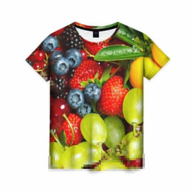 Женская футболка 3D с принтом Вкусные ягоды в Новосибирске, 100% полиэфир ( синтетическое хлопкоподобное полотно) | прямой крой, круглый вырез горловины, длина до линии бедер | виноград | вкусно | голубика | дача | деревня | ежевика | клубника | малина | огород | полезно | рябина | сад | смородина | сок | фрукты | черника | ягоды