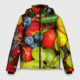 Мужская зимняя куртка 3D с принтом Вкусные ягоды в Новосибирске, верх — 100% полиэстер; подкладка — 100% полиэстер; утеплитель — 100% полиэстер | длина ниже бедра, свободный силуэт Оверсайз. Есть воротник-стойка, отстегивающийся капюшон и ветрозащитная планка. 

Боковые карманы с листочкой на кнопках и внутренний карман на молнии. | Тематика изображения на принте: виноград | вкусно | голубика | дача | деревня | ежевика | клубника | малина | огород | полезно | рябина | сад | смородина | сок | фрукты | черника | ягоды