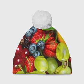 Шапка 3D c помпоном с принтом Вкусные ягоды в Новосибирске, 100% полиэстер | универсальный размер, печать по всей поверхности изделия | виноград | вкусно | голубика | дача | деревня | ежевика | клубника | малина | огород | полезно | рябина | сад | смородина | сок | фрукты | черника | ягоды