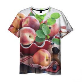 Мужская футболка 3D с принтом Персики в Новосибирске, 100% полиэфир | прямой крой, круглый вырез горловины, длина до линии бедер | Тематика изображения на принте: ваза | витамины | здоровье | лакомство | мёд | овощи | персики | сладости | тарелка | фрукты | черника | ягоды