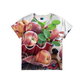 Детская футболка 3D с принтом Персики в Новосибирске, 100% гипоаллергенный полиэфир | прямой крой, круглый вырез горловины, длина до линии бедер, чуть спущенное плечо, ткань немного тянется | ваза | витамины | здоровье | лакомство | мёд | овощи | персики | сладости | тарелка | фрукты | черника | ягоды