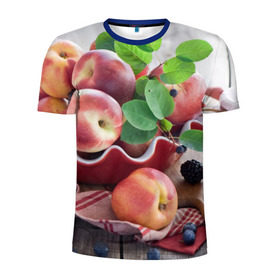 Мужская футболка 3D спортивная с принтом Персики в Новосибирске, 100% полиэстер с улучшенными характеристиками | приталенный силуэт, круглая горловина, широкие плечи, сужается к линии бедра | ваза | витамины | здоровье | лакомство | мёд | овощи | персики | сладости | тарелка | фрукты | черника | ягоды