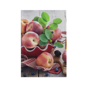 Обложка для паспорта матовая кожа с принтом Персики в Новосибирске, натуральная матовая кожа | размер 19,3 х 13,7 см; прозрачные пластиковые крепления | Тематика изображения на принте: ваза | витамины | здоровье | лакомство | мёд | овощи | персики | сладости | тарелка | фрукты | черника | ягоды