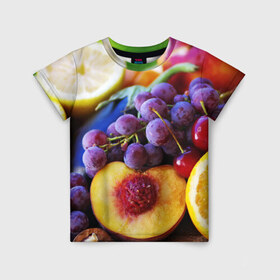Детская футболка 3D с принтом Спелые фрукты в Новосибирске, 100% гипоаллергенный полиэфир | прямой крой, круглый вырез горловины, длина до линии бедер, чуть спущенное плечо, ткань немного тянется | абрикос | алыча | апельсин | бодрость | веган | виноград | витамины | груша | диета | еда | здоровье | лайм | лимон | молодость | нектар | овощи | персик | питание | польза | сок | фрукты | яблоко | ягоды