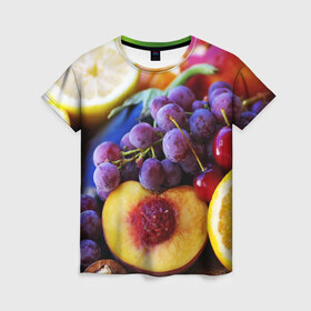 Женская футболка 3D с принтом Спелые фрукты в Новосибирске, 100% полиэфир ( синтетическое хлопкоподобное полотно) | прямой крой, круглый вырез горловины, длина до линии бедер | абрикос | алыча | апельсин | бодрость | веган | виноград | витамины | груша | диета | еда | здоровье | лайм | лимон | молодость | нектар | овощи | персик | питание | польза | сок | фрукты | яблоко | ягоды