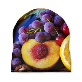 Шапка 3D с принтом Спелые фрукты в Новосибирске, 100% полиэстер | универсальный размер, печать по всей поверхности изделия | Тематика изображения на принте: абрикос | алыча | апельсин | бодрость | веган | виноград | витамины | груша | диета | еда | здоровье | лайм | лимон | молодость | нектар | овощи | персик | питание | польза | сок | фрукты | яблоко | ягоды