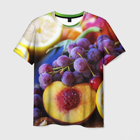 Мужская футболка 3D с принтом Спелые фрукты в Новосибирске, 100% полиэфир | прямой крой, круглый вырез горловины, длина до линии бедер | абрикос | алыча | апельсин | бодрость | веган | виноград | витамины | груша | диета | еда | здоровье | лайм | лимон | молодость | нектар | овощи | персик | питание | польза | сок | фрукты | яблоко | ягоды