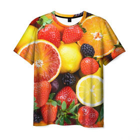 Мужская футболка 3D с принтом Ягоды и фрукты в Новосибирске, 100% полиэфир | прямой крой, круглый вырез горловины, длина до линии бедер | Тематика изображения на принте: абрикос | алыча | апельсин | бодрость | веган | виноград | витамины | груша | диета | еда | здоровье | клубника | лайм | лимон | малина | молодость | нектар | овощи | персик | питание | польза | смородина