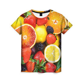Женская футболка 3D с принтом Ягоды и фрукты в Новосибирске, 100% полиэфир ( синтетическое хлопкоподобное полотно) | прямой крой, круглый вырез горловины, длина до линии бедер | абрикос | алыча | апельсин | бодрость | веган | виноград | витамины | груша | диета | еда | здоровье | клубника | лайм | лимон | малина | молодость | нектар | овощи | персик | питание | польза | смородина