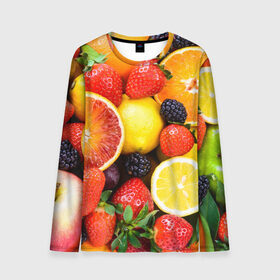 Мужской лонгслив 3D с принтом Ягоды и фрукты в Новосибирске, 100% полиэстер | длинные рукава, круглый вырез горловины, полуприлегающий силуэт | абрикос | алыча | апельсин | бодрость | веган | виноград | витамины | груша | диета | еда | здоровье | клубника | лайм | лимон | малина | молодость | нектар | овощи | персик | питание | польза | смородина