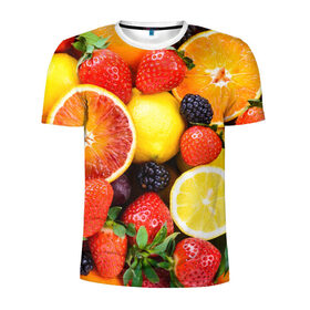 Мужская футболка 3D спортивная с принтом Ягоды и фрукты в Новосибирске, 100% полиэстер с улучшенными характеристиками | приталенный силуэт, круглая горловина, широкие плечи, сужается к линии бедра | Тематика изображения на принте: абрикос | алыча | апельсин | бодрость | веган | виноград | витамины | груша | диета | еда | здоровье | клубника | лайм | лимон | малина | молодость | нектар | овощи | персик | питание | польза | смородина
