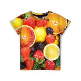 Детская футболка 3D с принтом Ягоды и фрукты в Новосибирске, 100% гипоаллергенный полиэфир | прямой крой, круглый вырез горловины, длина до линии бедер, чуть спущенное плечо, ткань немного тянется | Тематика изображения на принте: абрикос | алыча | апельсин | бодрость | веган | виноград | витамины | груша | диета | еда | здоровье | клубника | лайм | лимон | малина | молодость | нектар | овощи | персик | питание | польза | смородина