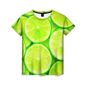 Женская футболка 3D с принтом Лайм в Новосибирске, 100% полиэфир ( синтетическое хлопкоподобное полотно) | прямой крой, круглый вырез горловины, длина до линии бедер | зеленая | лайм | фрукты | цитрус