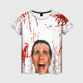 Женская футболка 3D с принтом Американский психопат в Новосибирске, 100% полиэфир ( синтетическое хлопкоподобное полотно) | прямой крой, круглый вырез горловины, длина до линии бедер | кристиан бэйл | псих | психопат | ужасы
