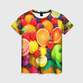 Женская футболка 3D с принтом Ягоды и фрукты в Новосибирске, 100% полиэфир ( синтетическое хлопкоподобное полотно) | прямой крой, круглый вырез горловины, длина до линии бедер | апельсин | ежевика | клубника | фрукты | ягода