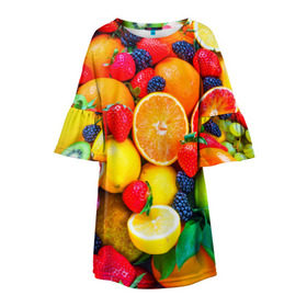 Детское платье 3D с принтом Ягоды и фрукты в Новосибирске, 100% полиэстер | прямой силуэт, чуть расширенный к низу. Круглая горловина, на рукавах — воланы | Тематика изображения на принте: апельсин | ежевика | клубника | фрукты | ягода