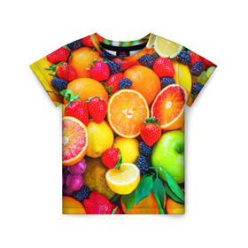 Детская футболка 3D с принтом Ягоды и фрукты в Новосибирске, 100% гипоаллергенный полиэфир | прямой крой, круглый вырез горловины, длина до линии бедер, чуть спущенное плечо, ткань немного тянется | Тематика изображения на принте: апельсин | ежевика | клубника | фрукты | ягода