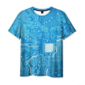 Мужская футболка 3D с принтом Системная плата в Новосибирске, 100% полиэфир | прямой крой, круглый вырез горловины, длина до линии бедер | кибер | микросхема | синий